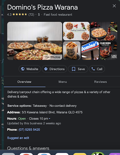 Dominos Pizza Warana GBP Example