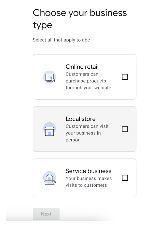 options to choose business type on GBP