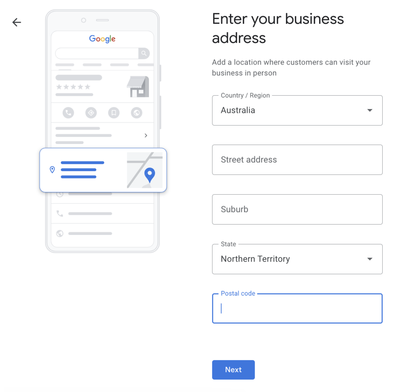 entering your business address into your Google Business Profile