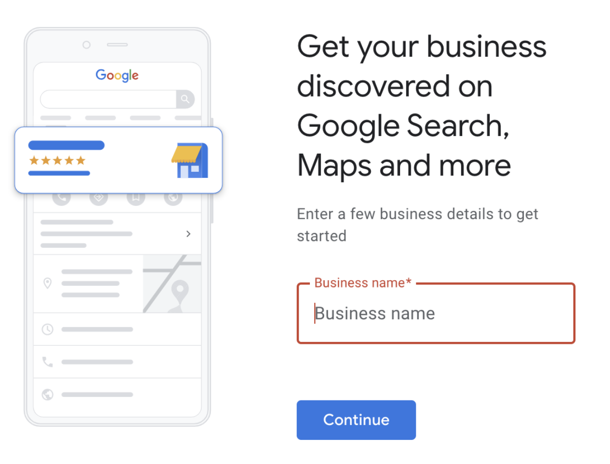 Picture of entering business name for Google Business Profile Sign Up