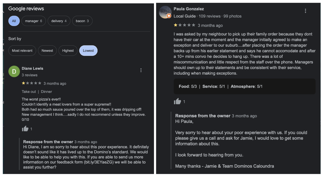 How Dominos pizza replied to a negative review
