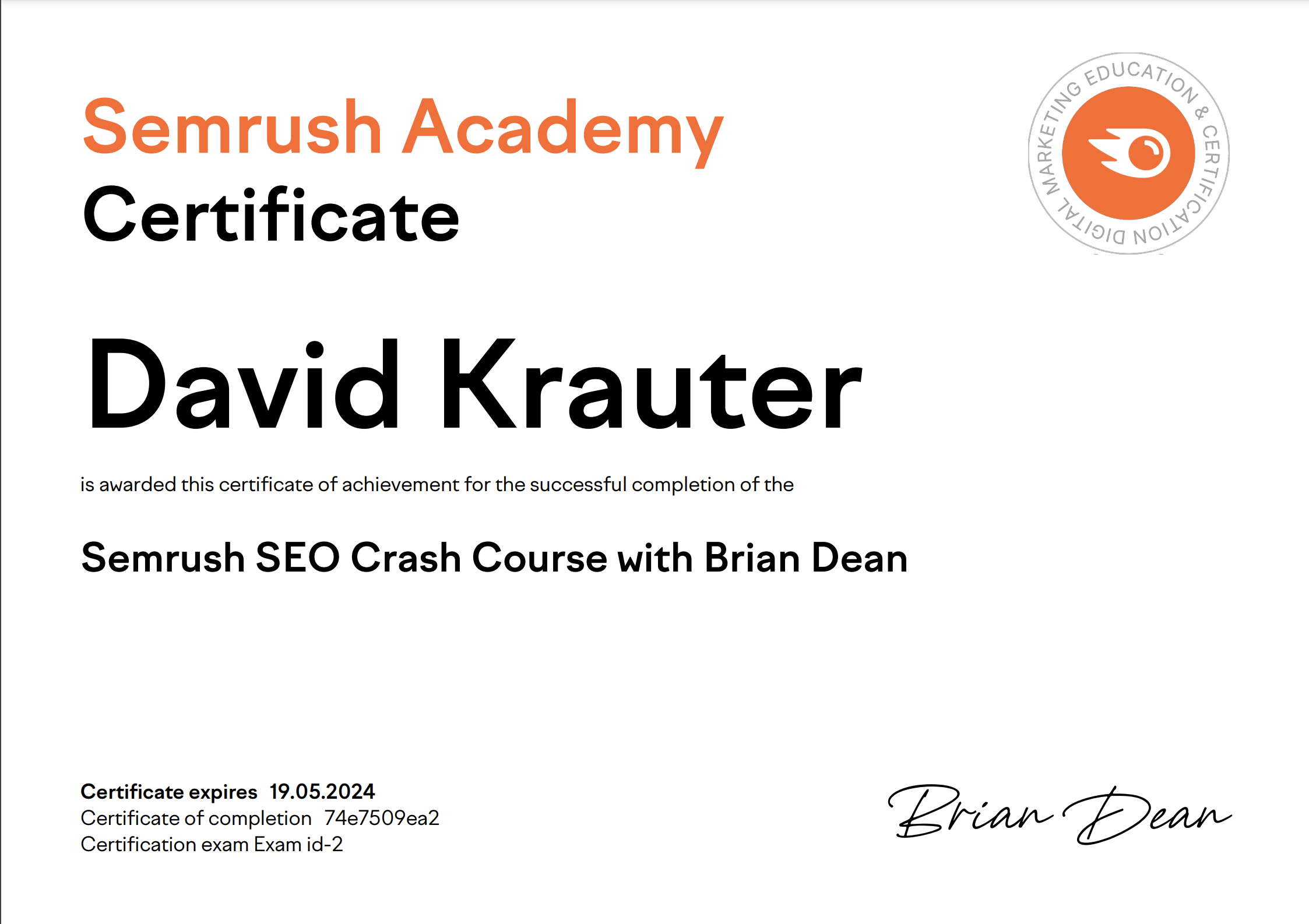 SEMrush Academy Certificate David Krauter