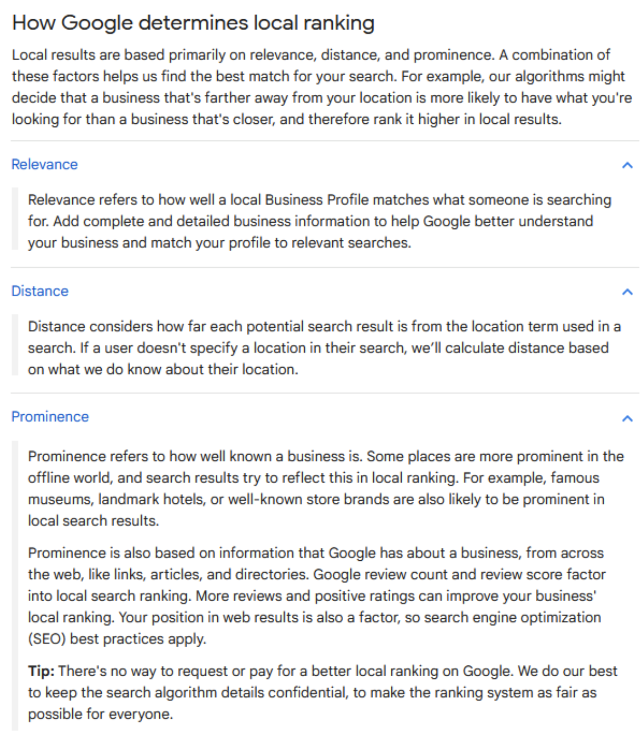 outline of how Google determines local ranking