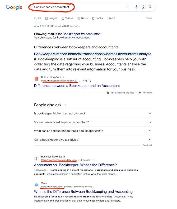 bookkeeper v's accountant ranking on Google