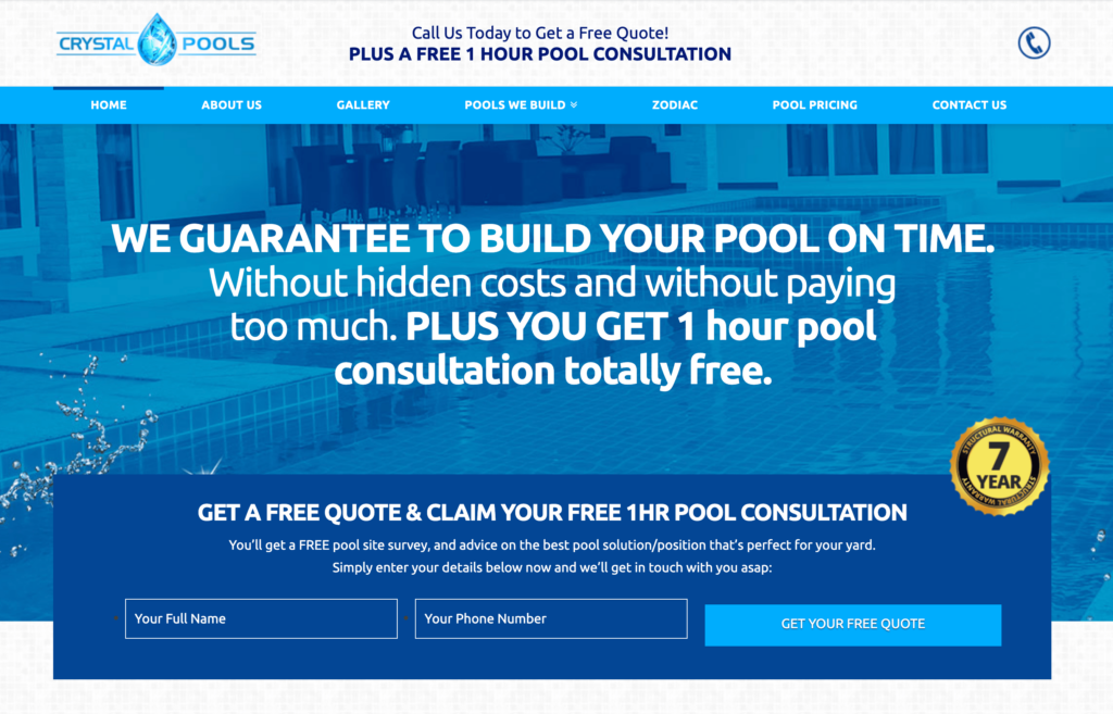 example of high converting pool builder website