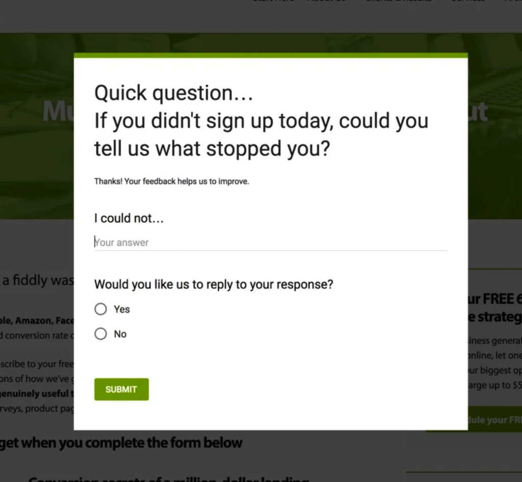 example of a pop up survey