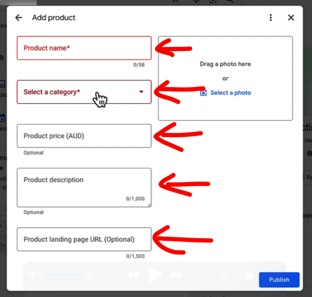 showing what product details should be added to a GBP product