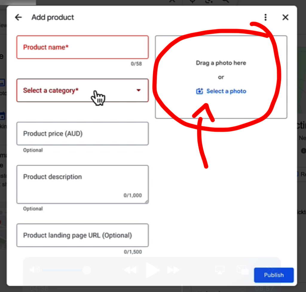 showing where to add product photo in GBP products