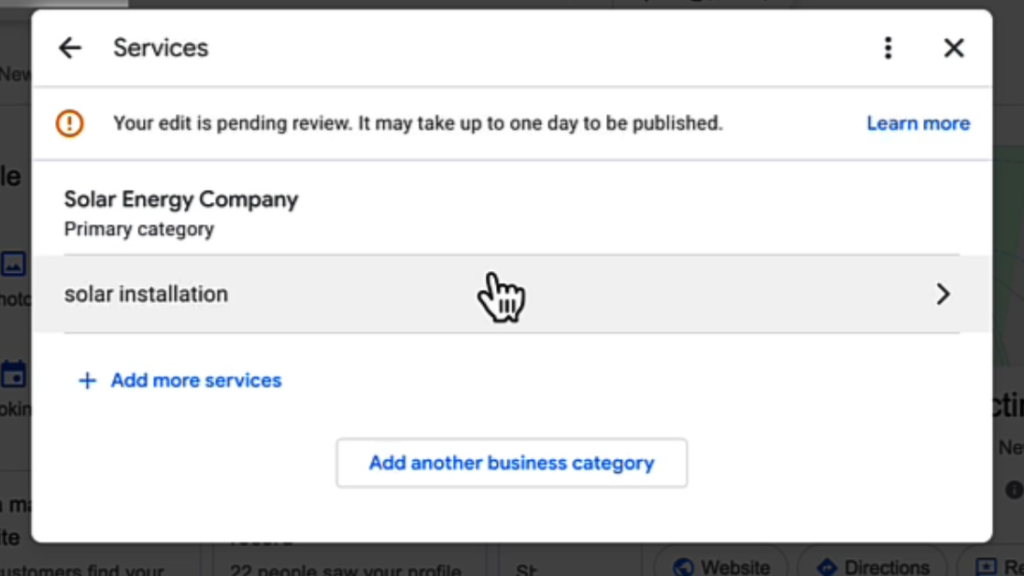 clicking into the GBP service to fill out details
