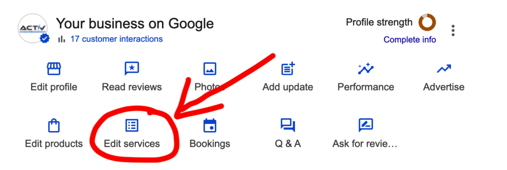 image of where to find "edit services" on GBP profile