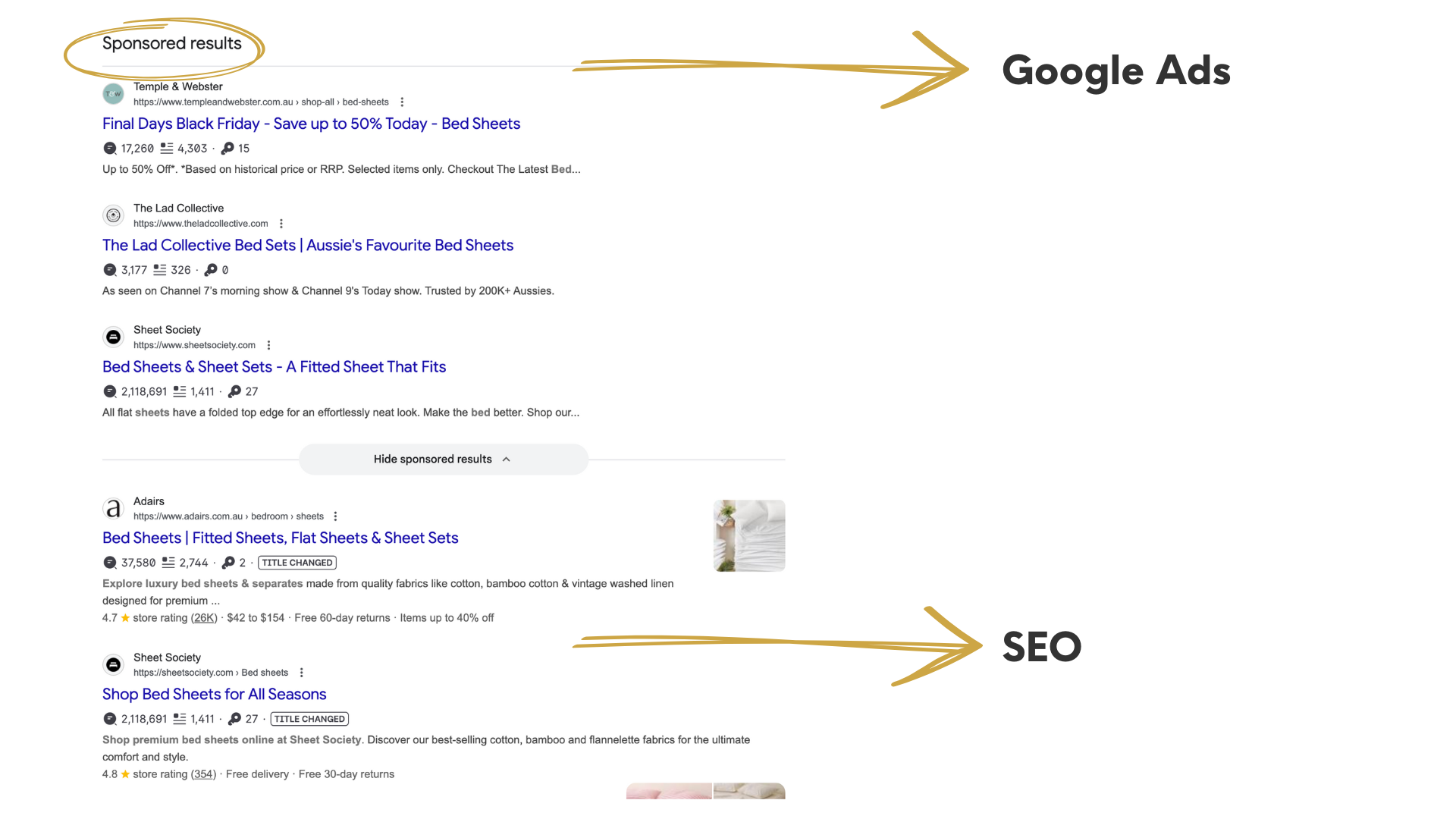 showing the difference between SEO and google ads
