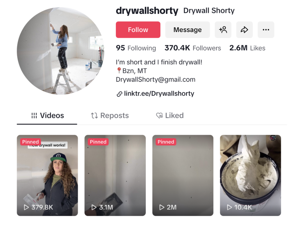 Tiktok profile snapshot of drywall shorty