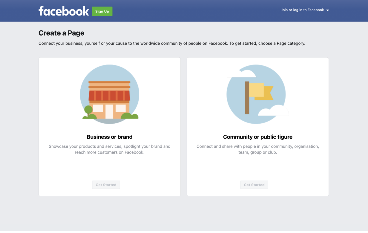 screenshot of creating a business page on Facebook