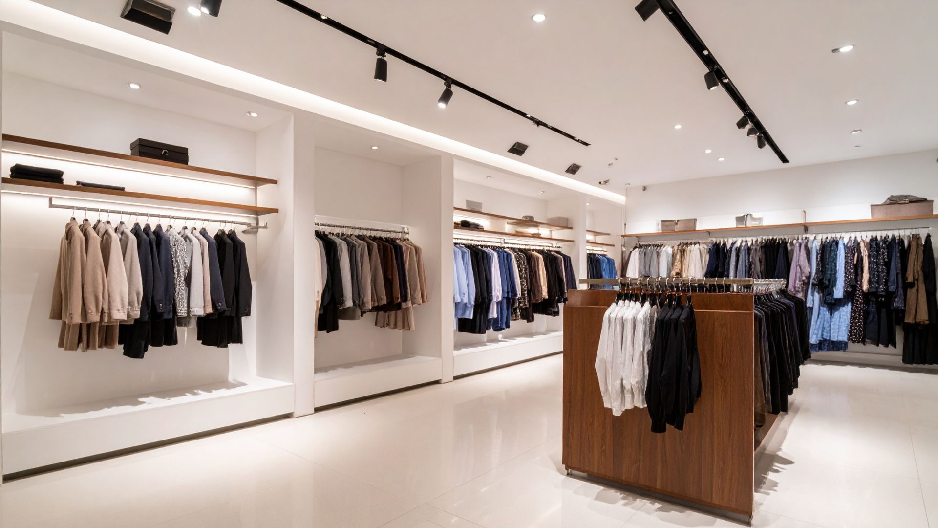 clear shop with organised aisles of clothes