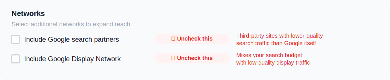 Google Ads Networks settings — uncheck both Google Search Partners and Google Display Network