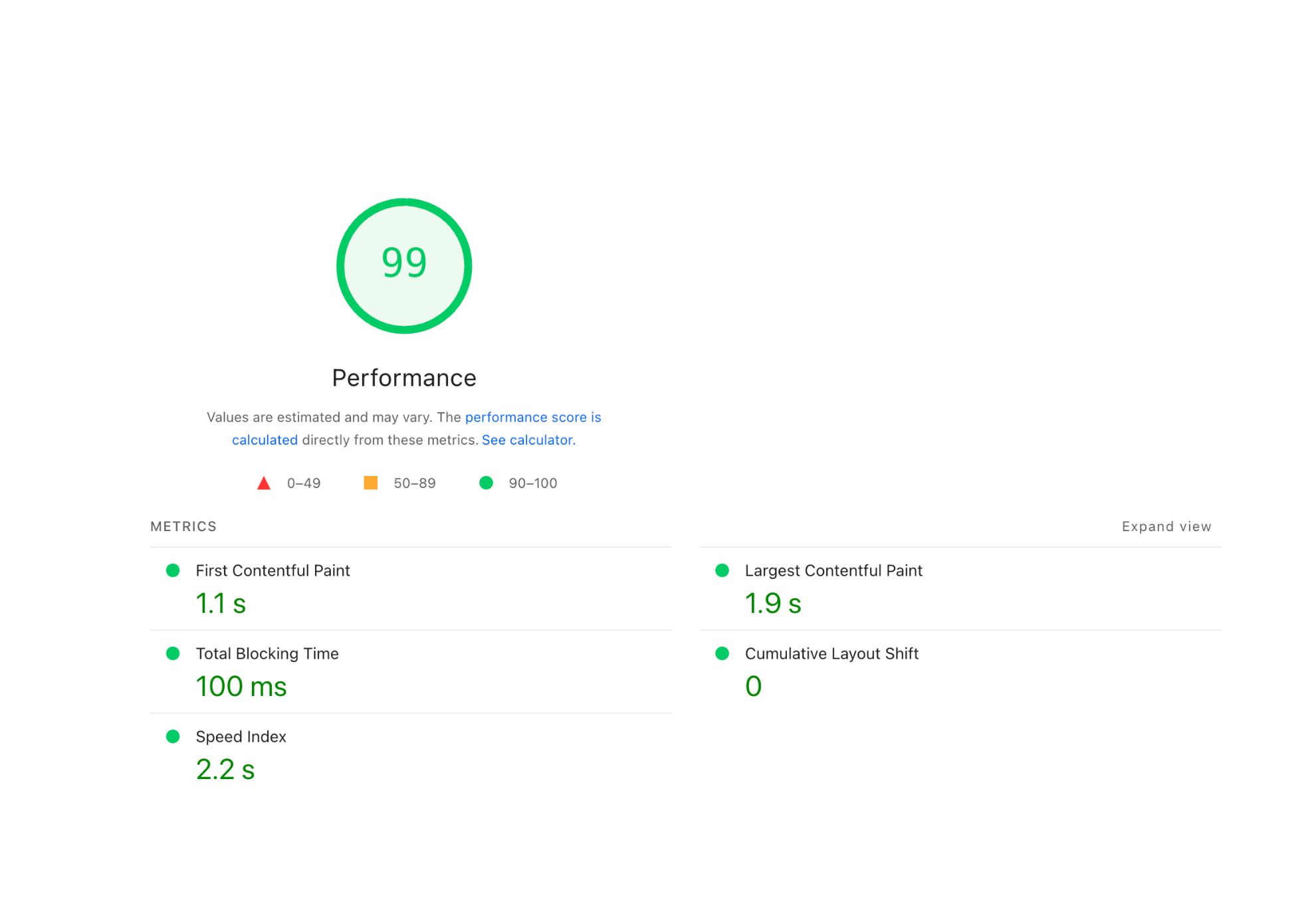 page speed insights example